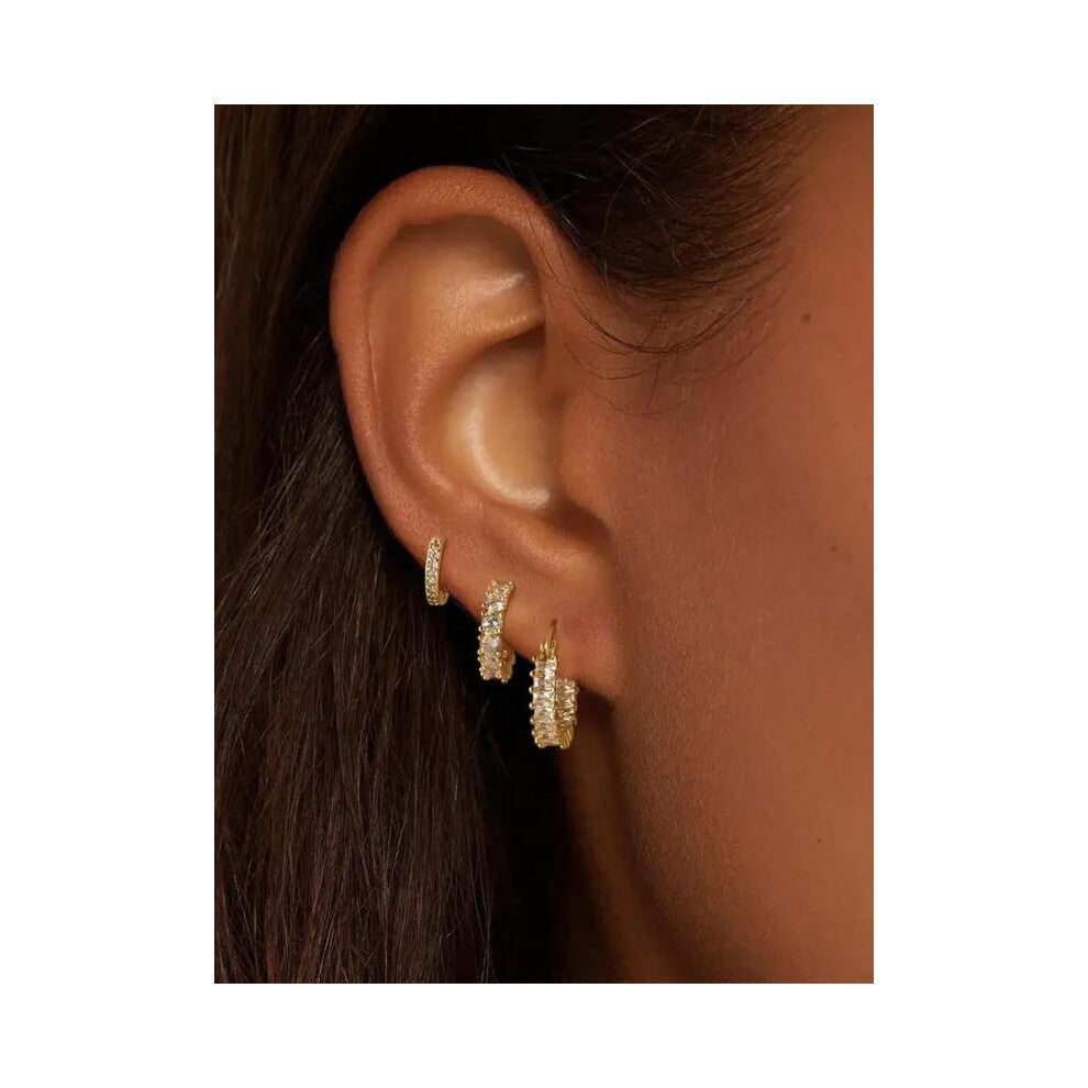 (Golden, 3PCS) 14K Gold Hoop Earrings Gold Plated Earring Set Rhinestone Cubic Zirconia Hoop Earrings Chunky Small Gold Hoops Huggie Earring for Women