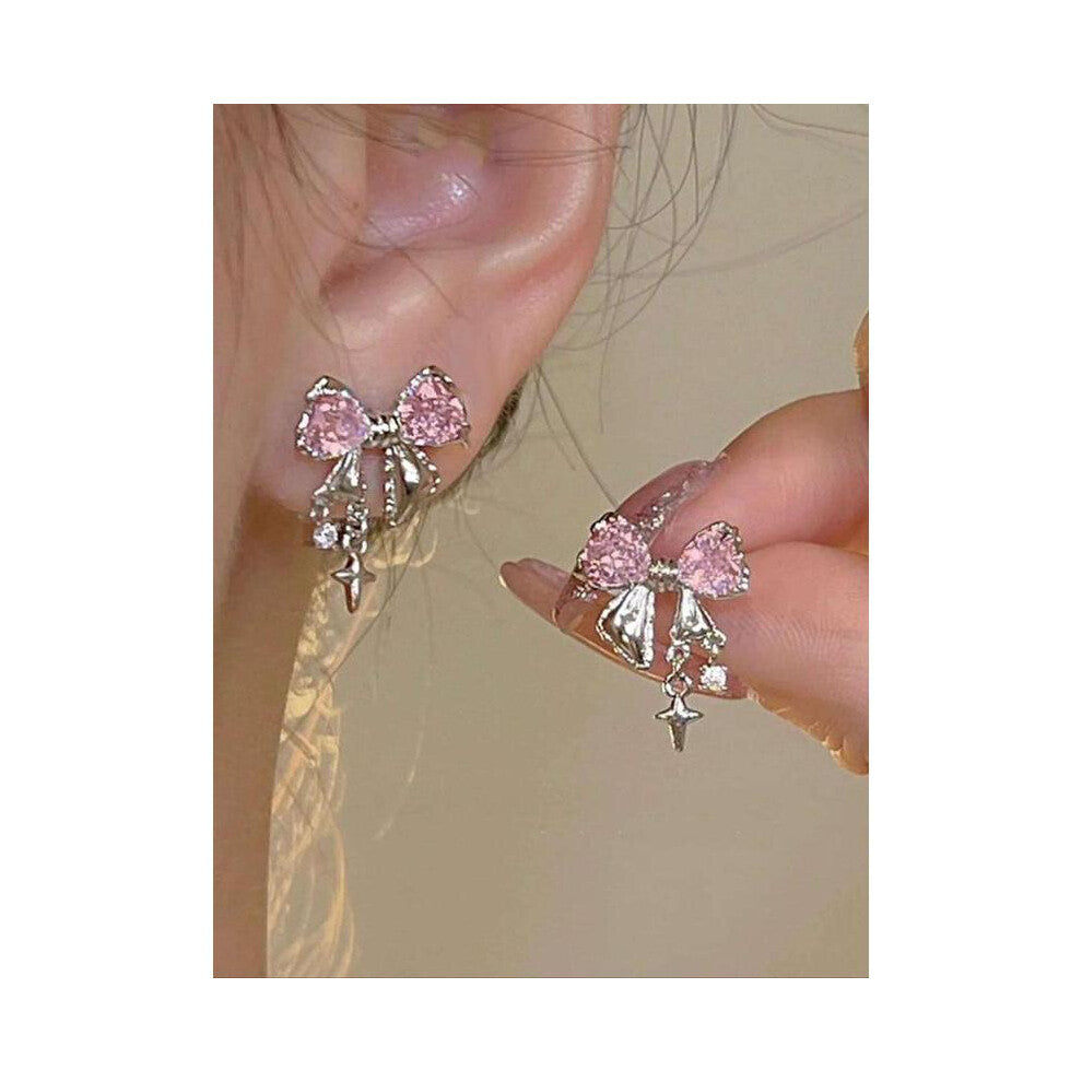 (Silver, one size fits all) Rhinestone Bow Decor Dangle Earrings, Gifts for Girlfriend, Fashionable Jewelry Accessories for Women & Girls, Casual Jewe