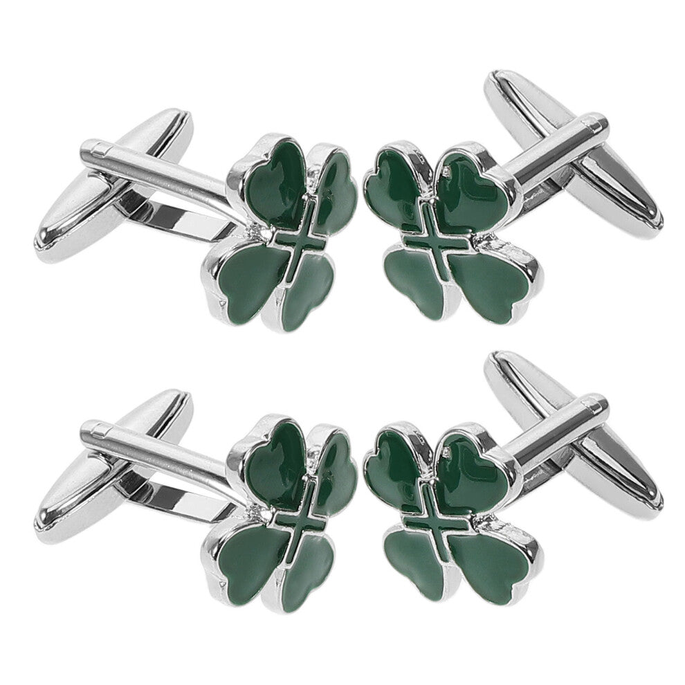 2 Pairs Clover Cuff Links Green Shamrock Alloy Studs for Suit Shirt