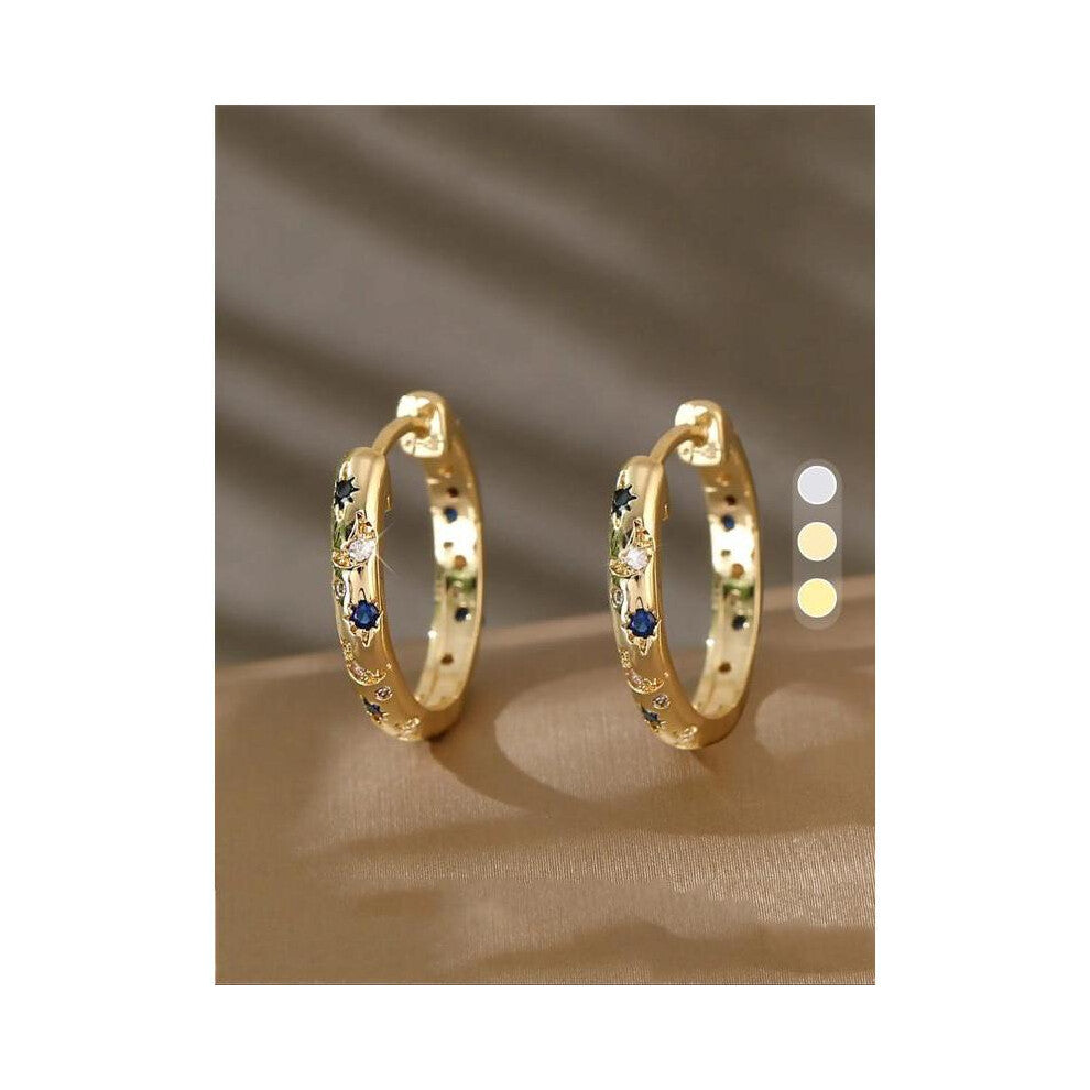 (Golden, one size fits all) Vintage Star & Moon Decor Gold Hoop Earrings for Women, Gifts for Girlfriend, Funky Unique Accessories, Fashionable Rhines