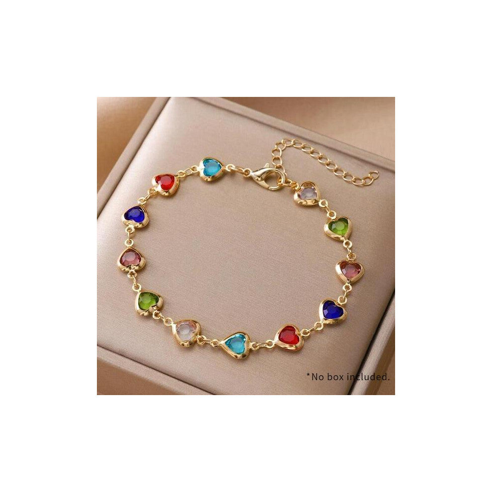 (Golden) Colorful Heart Design Link Seven Colored Bracelet, Rhinestone Decor Elegant Jewelry High Quality Charms Bracelet for Party, Pride