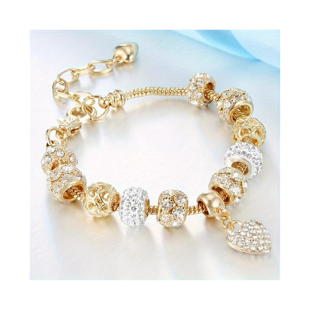 (Golden) Fashion jewelry gold rhinestone heart pendant alloy large hole bead bracelet, suitable for women's party accessories and holiday gifts