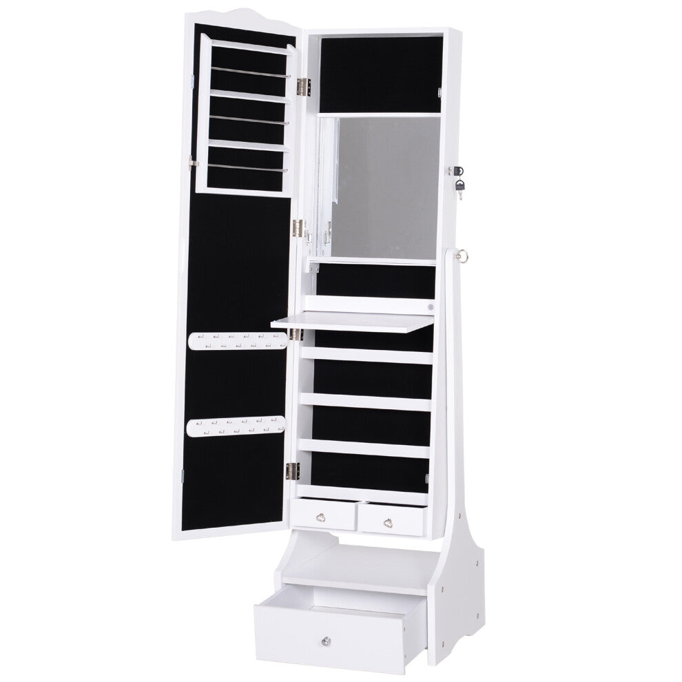 Jewellery Cabinet with LED Lights Mirror & Lock - Floor Standing Flip-over Makeup Organizer in White 16 Slots 30x20x45cm