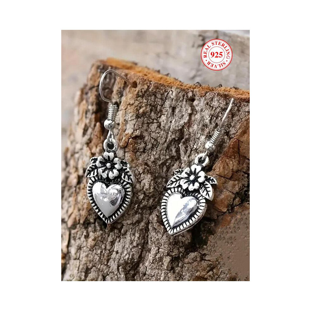 (Silver, one size fits all) 925 Sterling Silver Vintage Heart Flower Shaped Dangle Earrings, Fashion Jewelry for Party, Daily Clothing Decor, Jewelry