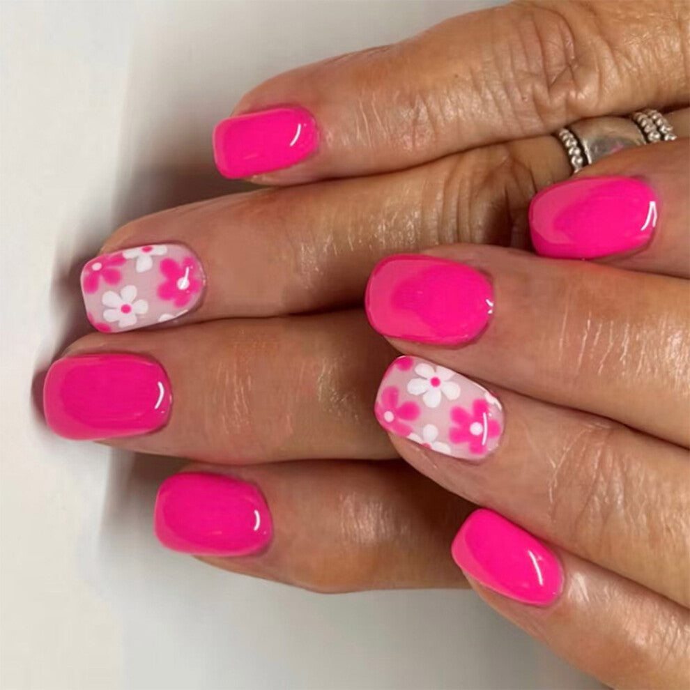 24 Pcs Glossy Acrylic Nail Sweet Flowers Press On Nail Short