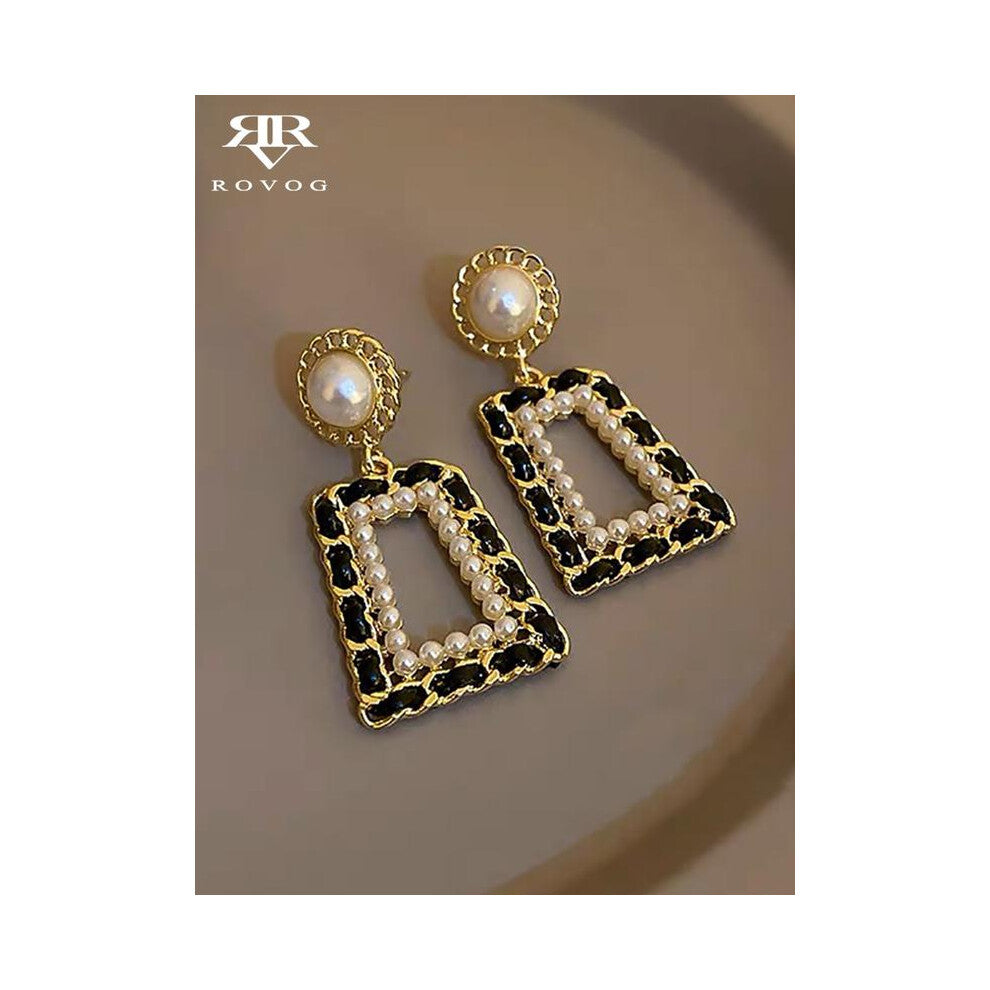 (Golden, one size fits all) Hollow Geometric Imitation Pearl Drop Earrings, Elegant Minimalist Style Zinc Alloy Jewelry, Fashion Accessories for Trend