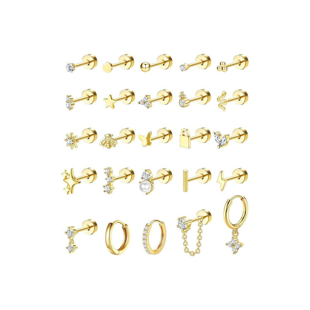 (Silver, Style A) Hypoallergenic Earrings Set for Sensitive Ears, Stainless Steel Earrings for Women, Dainty Flat Back Studs & Hoops for Multiple Pier