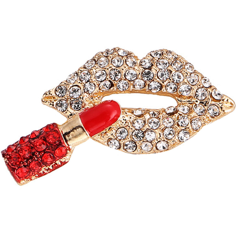 Glossy Rhinestones Lips Brooch Gift Pin Lipstick Women's Miss