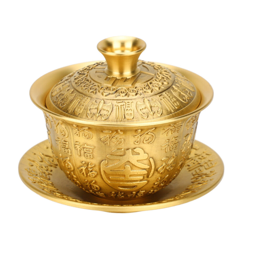 3pcs Brass Chinese Tea Cups 300ML with Lid & Saucer, Fortune Pattern