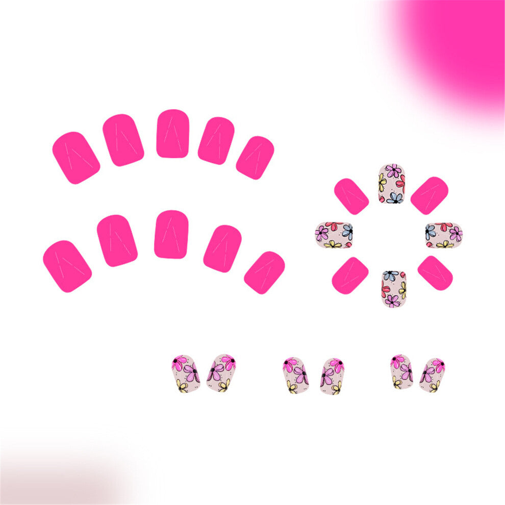 24x Lovely Flowers False Nail Short Square Press On Nail Glossy