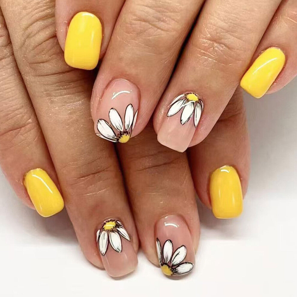 24Pcs Short Square False Nail with Flower Designs Glossy Full