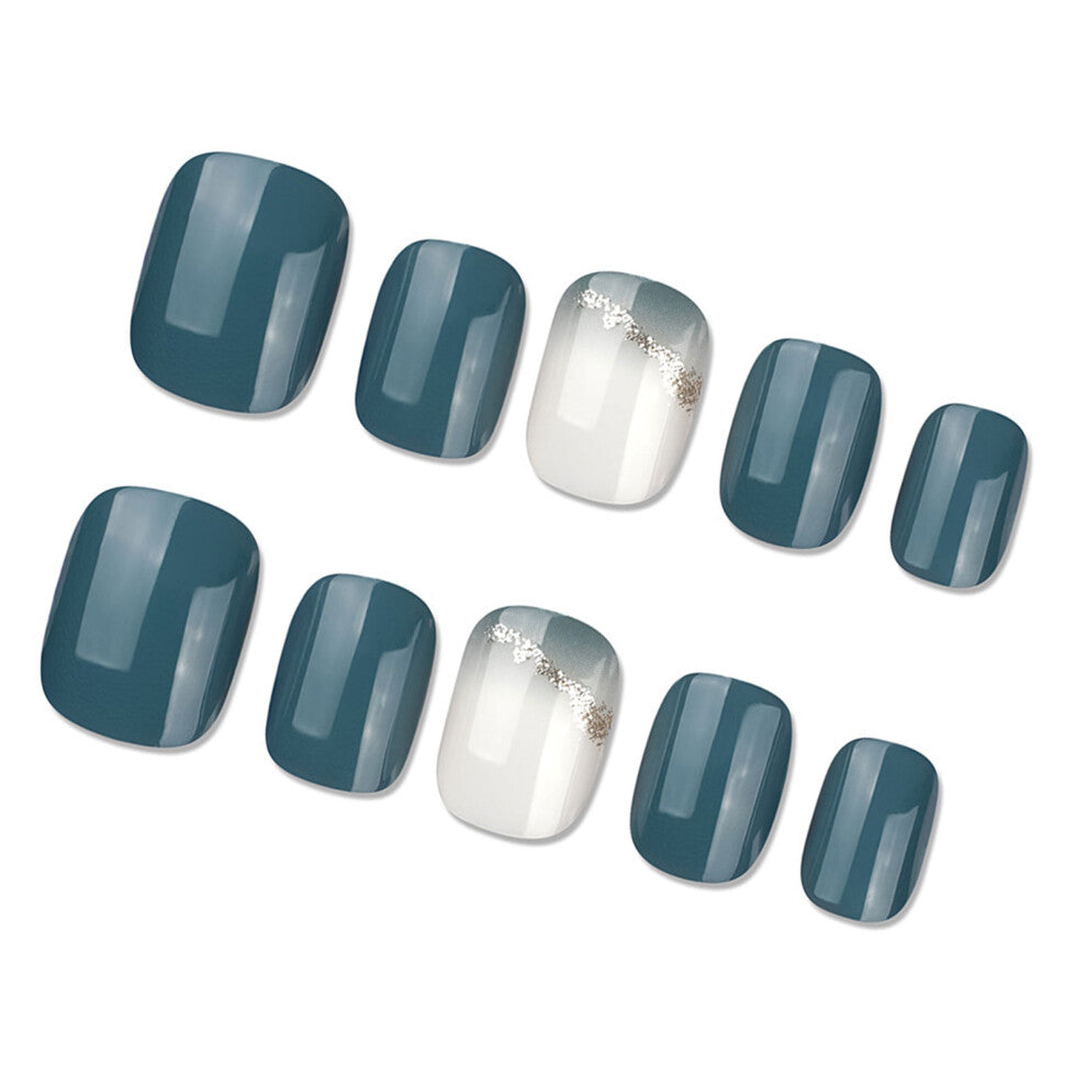 24pcs Short Square Sea Blue Press On Nail with Glittering Design