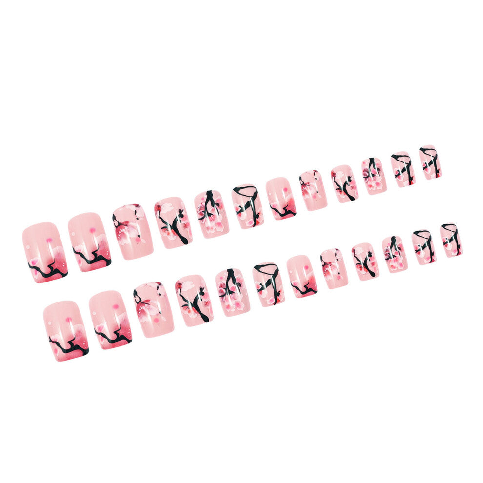 Floral Pattern Medium Square False Nail Glossy Finish for Women