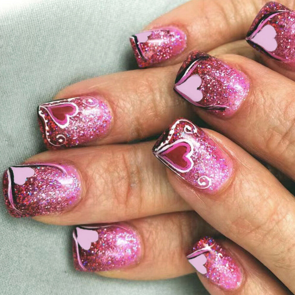 Glossy Pink Heart Designs Press on Nail Short Square False Nail