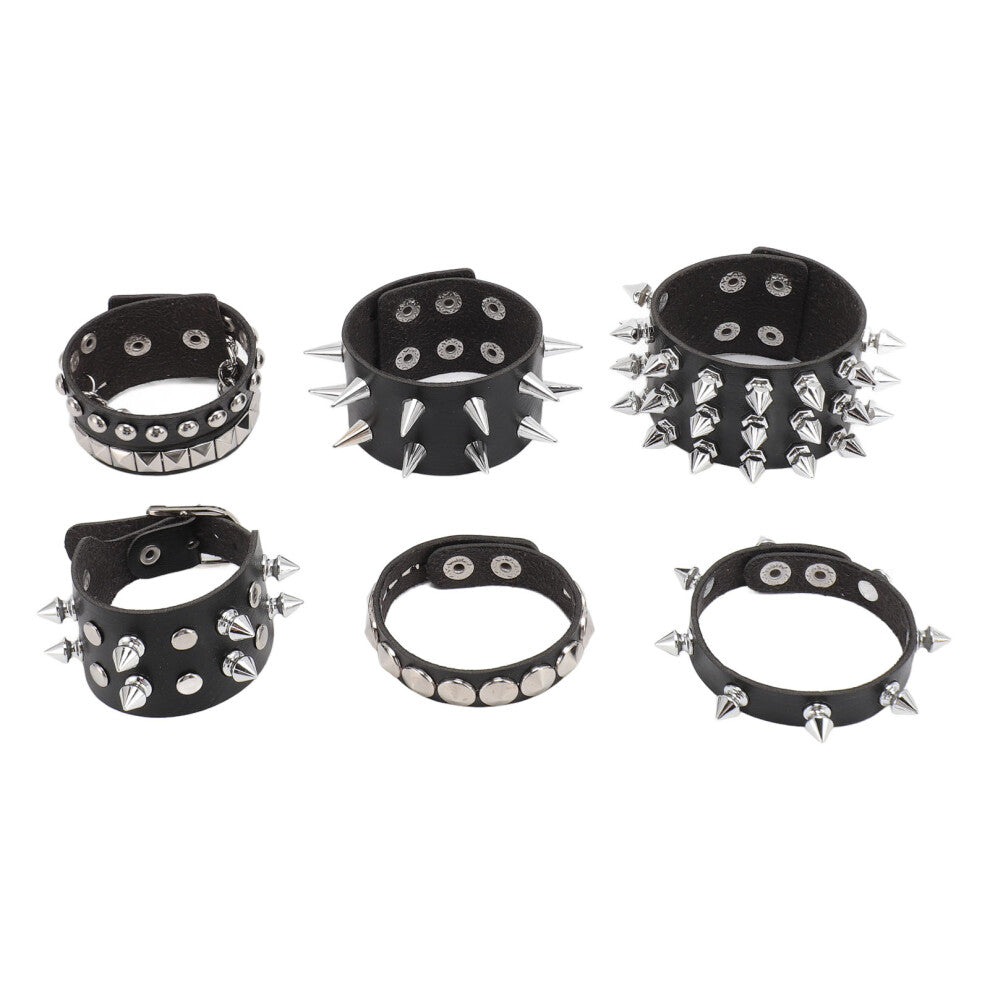6-Piece Punk Studded Rivets Black PU Leather Bracelet Set Adjustable Wrist Cuffs
