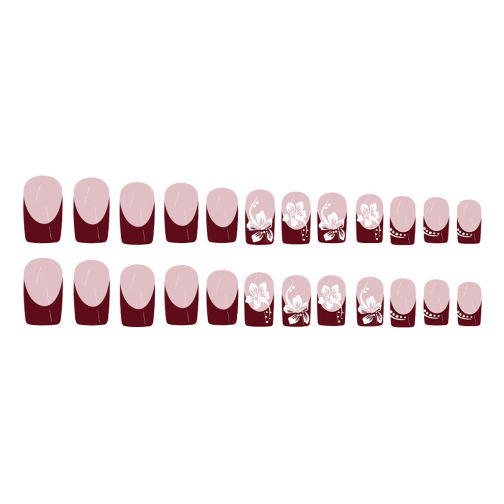 Short Length Square False Nail Glossy Pink Flower Designs Press