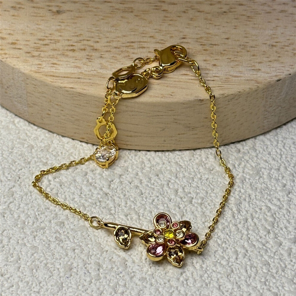 (Bracelet1) Original 2025 New Fine Jewelry Set Charms Pink Flowers Earrings Necklace Bracelet Rings for Women Romantic Accessories