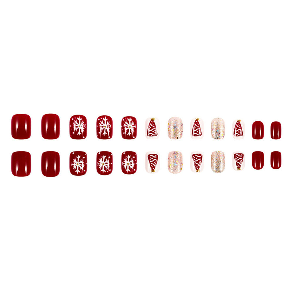 24Pcs Short Square Stick on Nail Glittering French Tip Press On