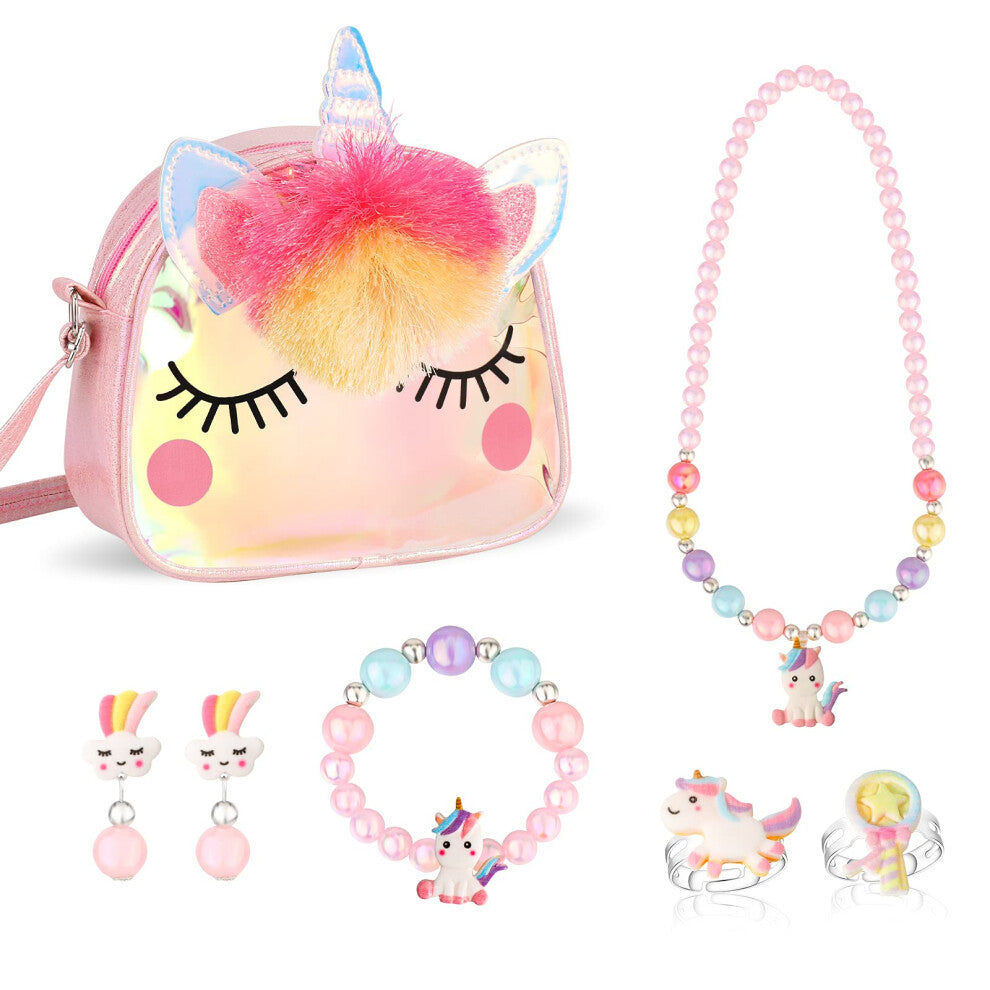 Unicorn Crossbody Bag Purse for Little Girls with Jewelry Set - Princess Necklace, Bracelet, Rings, Earrings Accessories