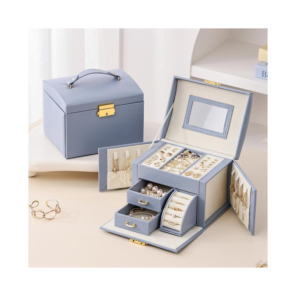 (Dark Blue, 7110469796013803266) Multi-grid Dustproof Jewelry Box, 1-2 Counts Jewelry Storage Organizer with Mirror, Girly Bedroom Accessories, PU Lea