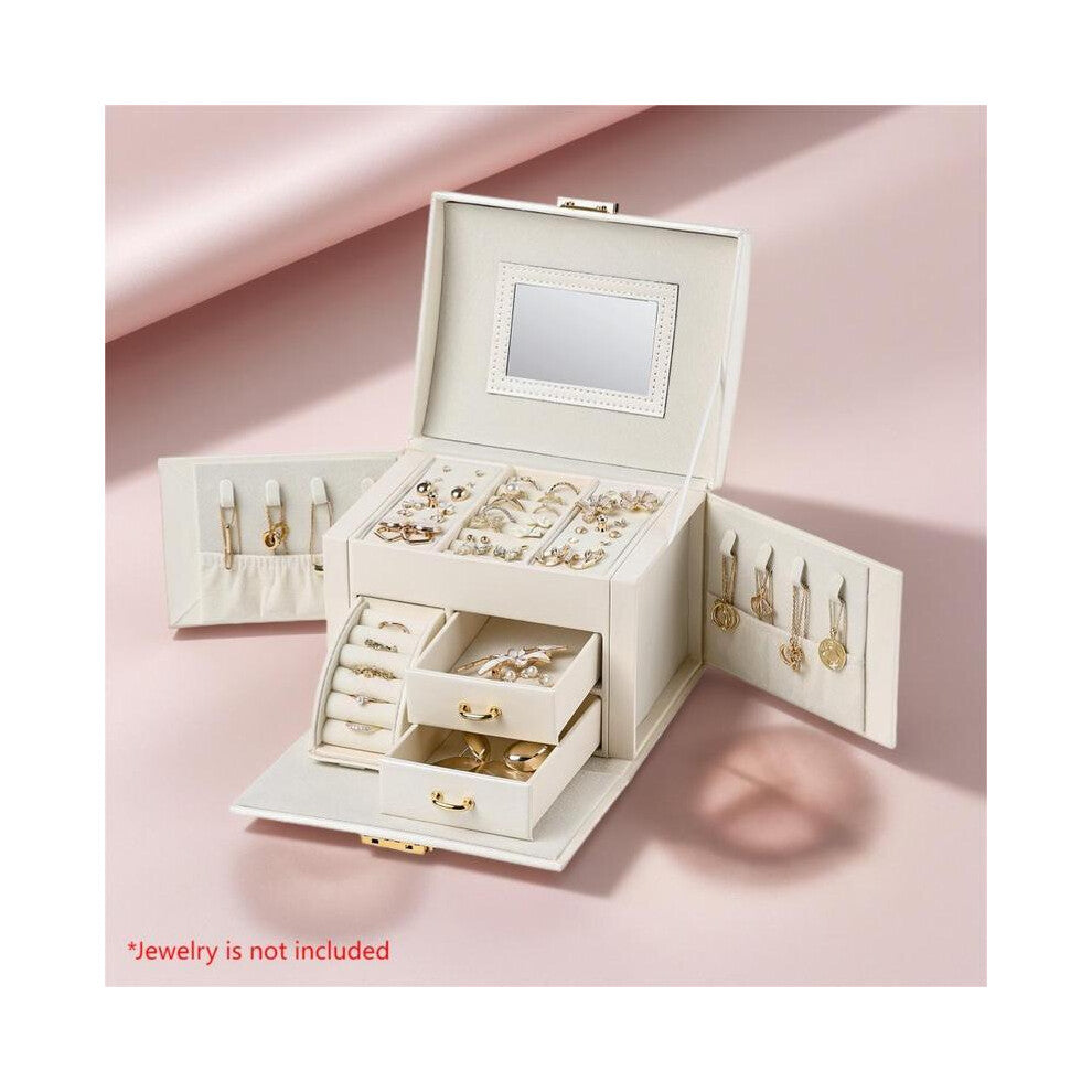 (white, 1pc, one-size) Multi-grid Dustproof Jewelry Box, 1-2 Counts Jewelry Storage Organizer with Mirror, Girly Bedroom Accessories, PU Leather Conta