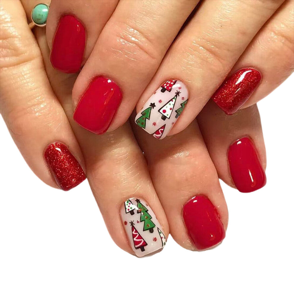 Short Artificial Nails Glittering Press On Nails Christmas Tree