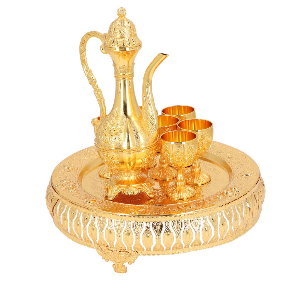 Vintage Golden Zinc Alloy Wine Pot Set with Cups 28x26cm
