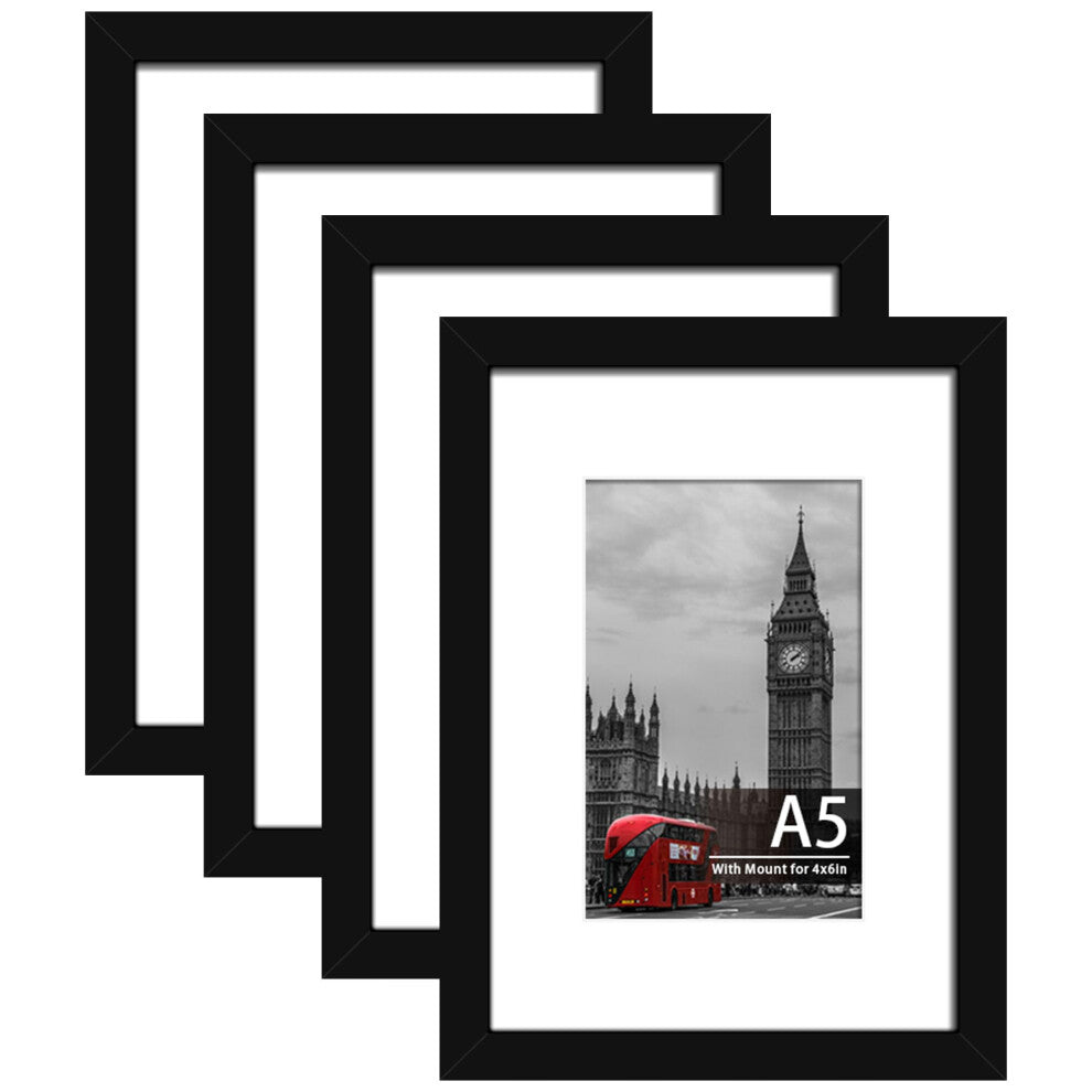 Tinkeps 4 Pack A5 Black Picture Frame Engineered Wood and Plexiglass A5 Frame with Mount for 4x6 inch Prints Photos and Posters Tabletop and Wall
