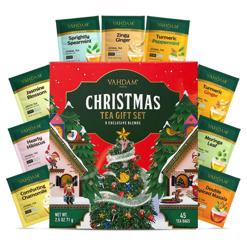 VAHDAM, Limited Edition Christmas Tea Gift Set | 45 Tea Bags, 9 Flavors - Christmas Presents For Women, Men & Adults