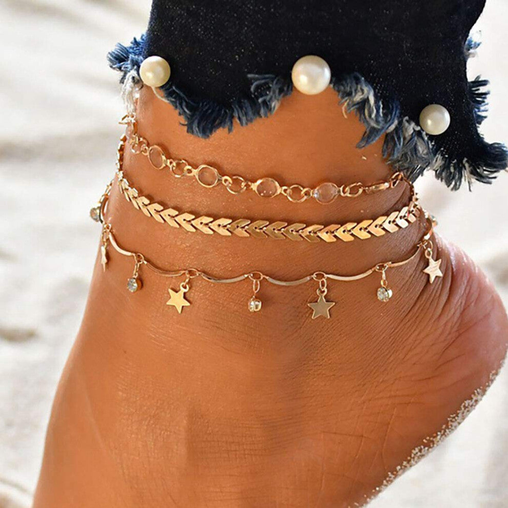 Bohemian Style Multi-layered Star Anklet Gold Rhinestone Multi-layered Beaded Anklet Jewelry Accessories for Women and Girls