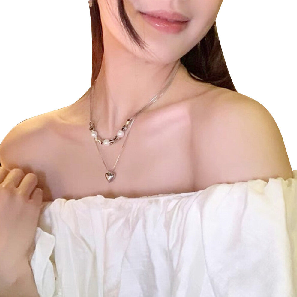 Double Layered Necklace for Women Heart Pendant Choker Good Luck