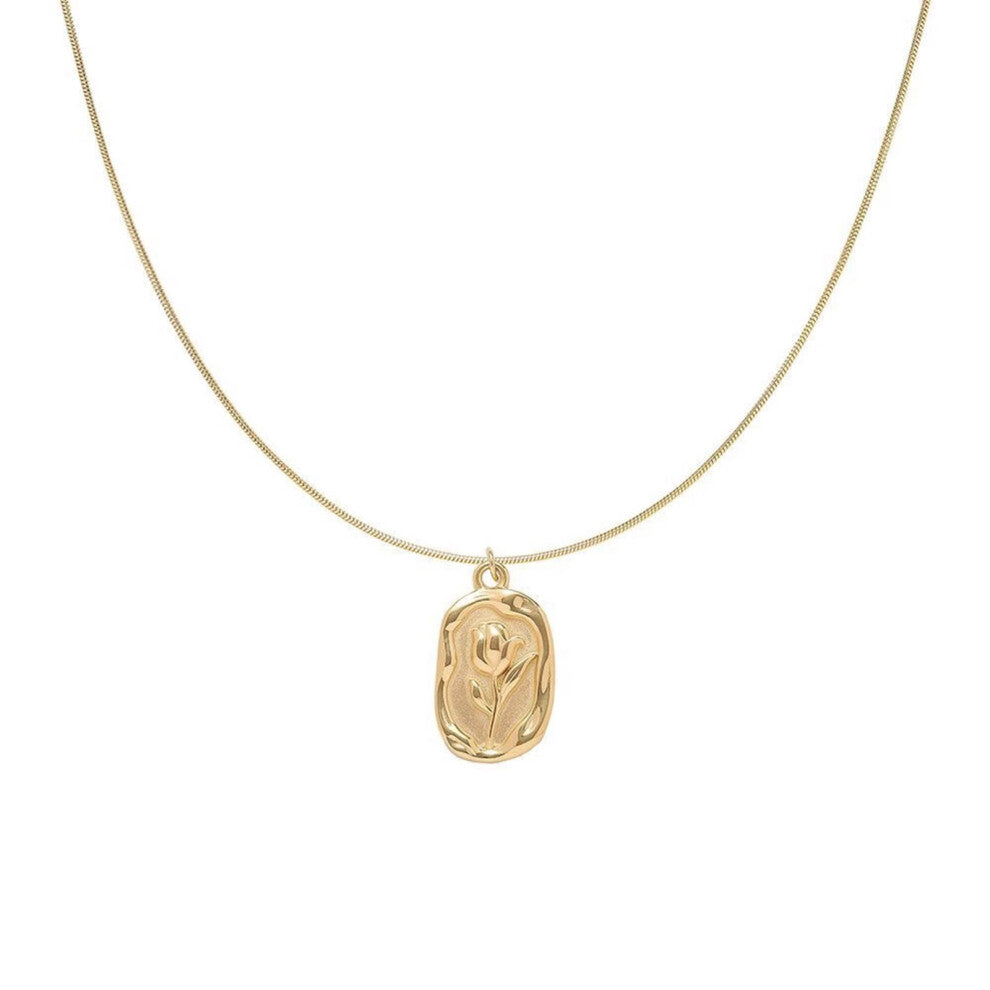 Tulips Rose Pendant Necklace Embossed Flower Charm-Gold-color
