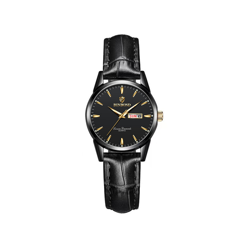 ((Women's style) Black genuine leather - black steel - black surface) Modern design is fashionable, high-quality watches, high-quality leather stainle