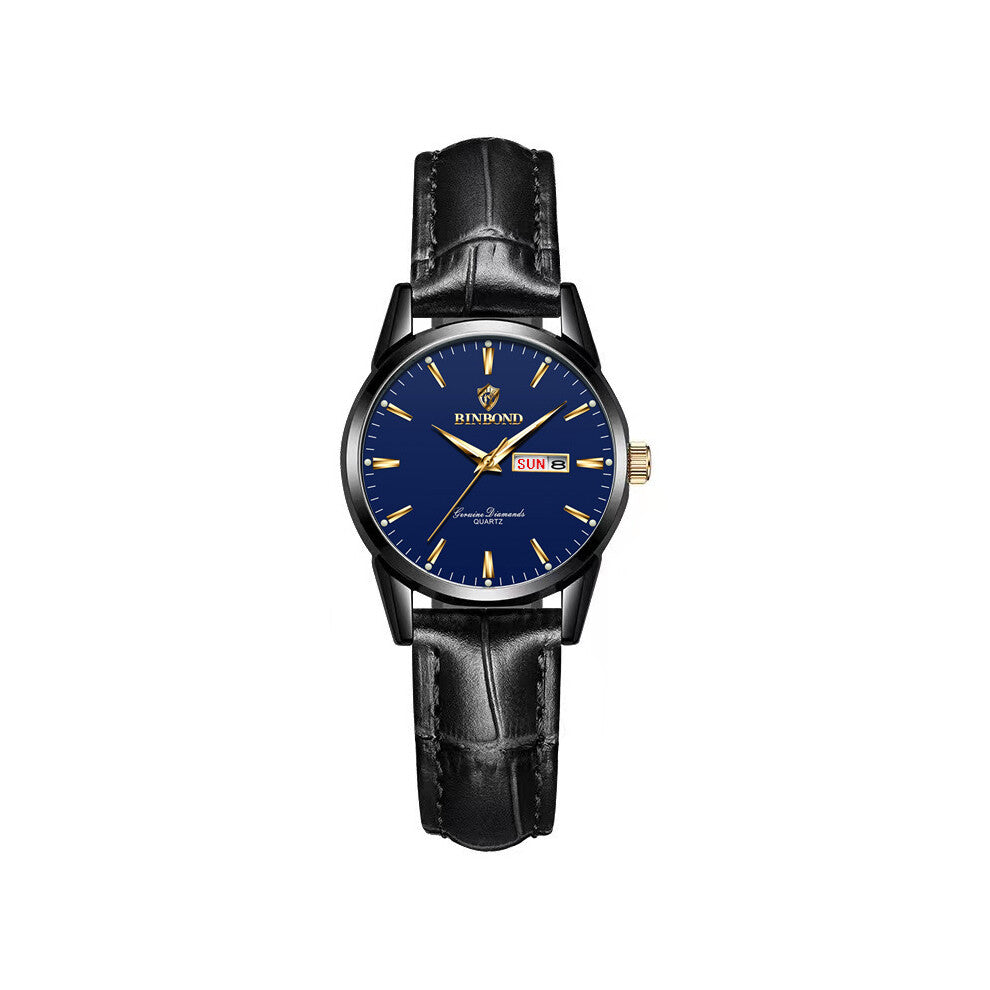 ((Women's style) Black leather - black steel - blue surface) Modern design is fashionable, high-quality watches, high-quality leather stainless steel