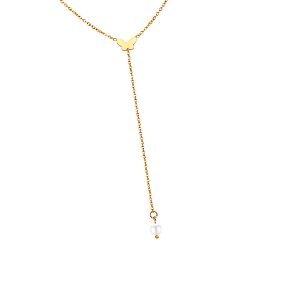 Chic Heart Butterfly Chain Pearls Necklace-Gold Butterfly