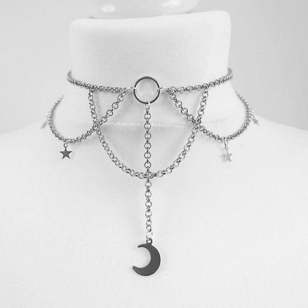 (Antique silver plated)Goth Dainty Chain Crescent Moon And Stars Choker Witch Necklace Silver Colour Pendant Punk Jewelry Women Gift Fashion