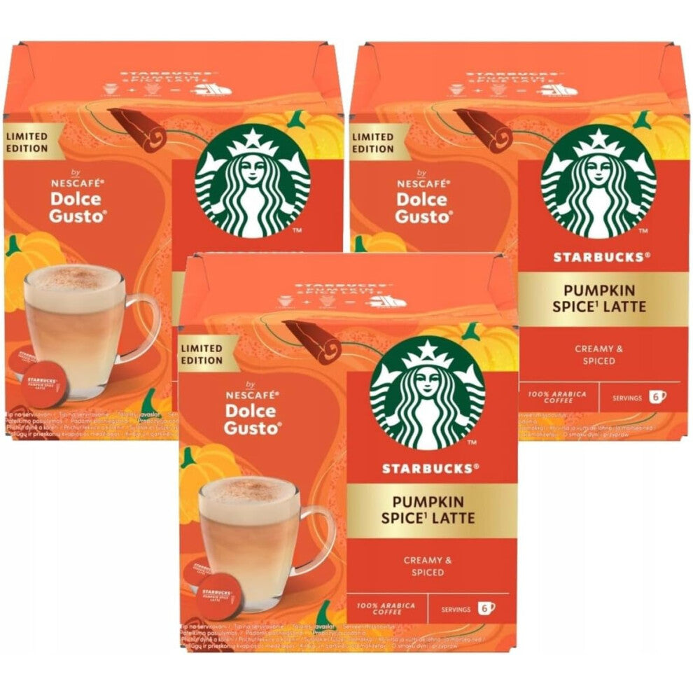 STARBUCKS Pumpkin Spice Latte by NESCAFÉ Dolce Gusto Coffee Pods x12 (Pack of 3, Total 36 Capsules) Dark Roast