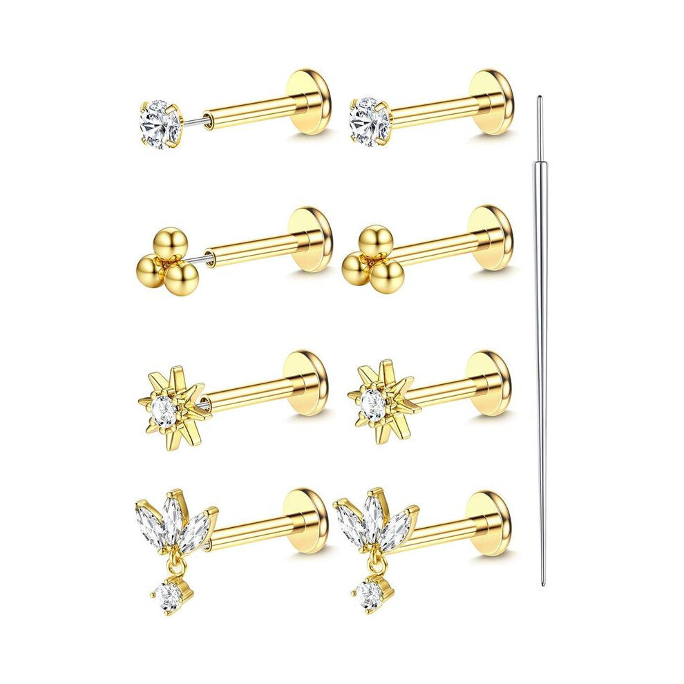 (Golden, 0.8(20G)) Gold Plated Threadless Flat Back Earrings, 316L Surgical Steel Hypoallergenic Push in Nose Studs, Cz Tragus Cartilage Jewelry