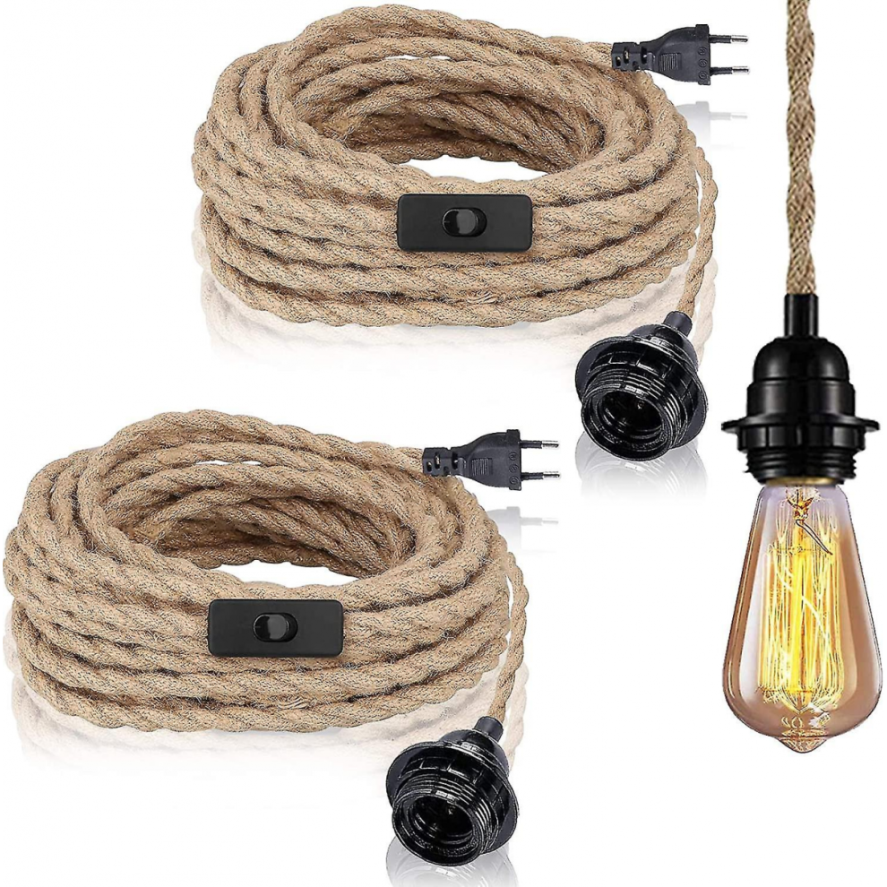 Black Friday 2 Pack Pendant Lights With Switch, Hemp Rope With 4.5m Cable, E27 Socket For Hall, Kitchen, Dining Table, Bar (without Bul