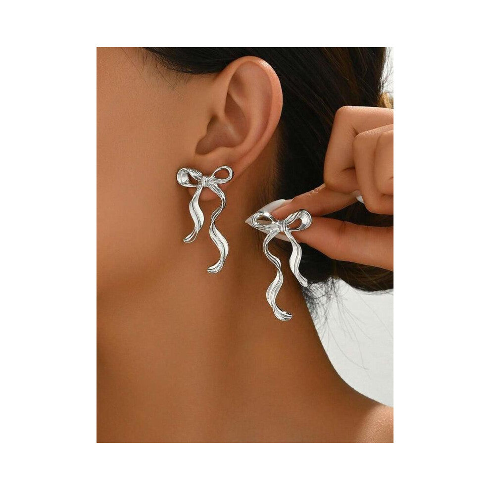 (Silver, One size fits all.) Bowknot Design Dangle Earrings, Fashionable Jewelry for Women, Daily Clothing Decor, Trendy All-match & Exquisite Jewelry