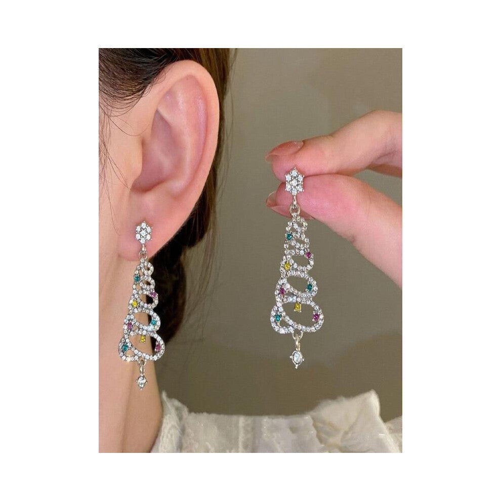 (White, one-size) S925 silver colored micro-inlaid cubic zirconia Christmas tree earrings, exquisite high-end design suitable for Christmas wear and g