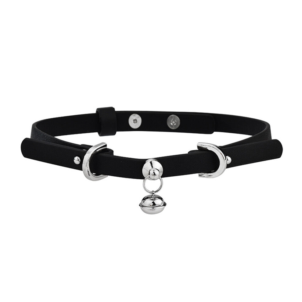 Versatile Sturdy PU Leather Choker Necklace With-binaural bells