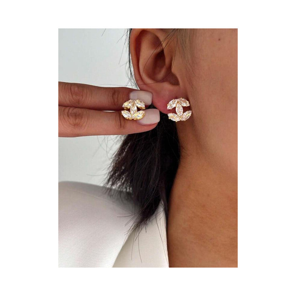 (Silver, one-size) S925 silver elegant and cute fashion double exquisite luxury C earrings studs, inlaid with zircon, suitable for daily wear, dating