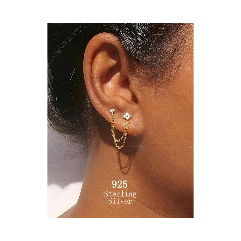 (Golden, 1 pair) 1 Pair 925 Sterling Silver Women's Chain Earrings – Romantic Lucky Clover Chain Tassel Design, Suitable for Formal Occasion