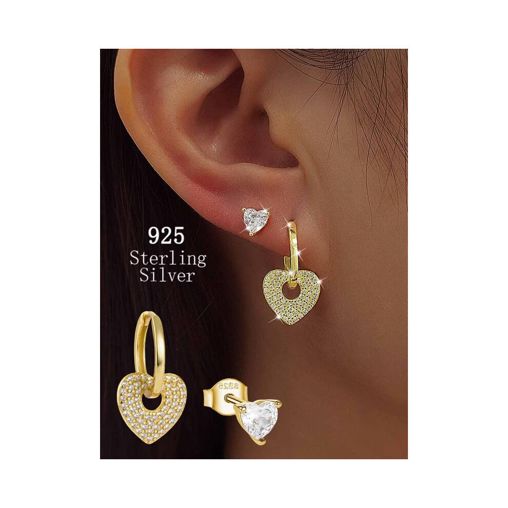 (Golden, 2 count) 925 Sterling Silver Heart Shaped Pendant Earrings, Fashionable and Elegant Artificial Zirconia Inlaid Earrings, Suitable for Daily W