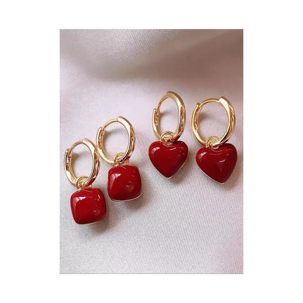 (Red, one size fits all) Elegant Women's Ear Studs Set, Geometric Heart Design, Perfect for Parties & Daily Wear, Unique Fashion Accessory for Ladies