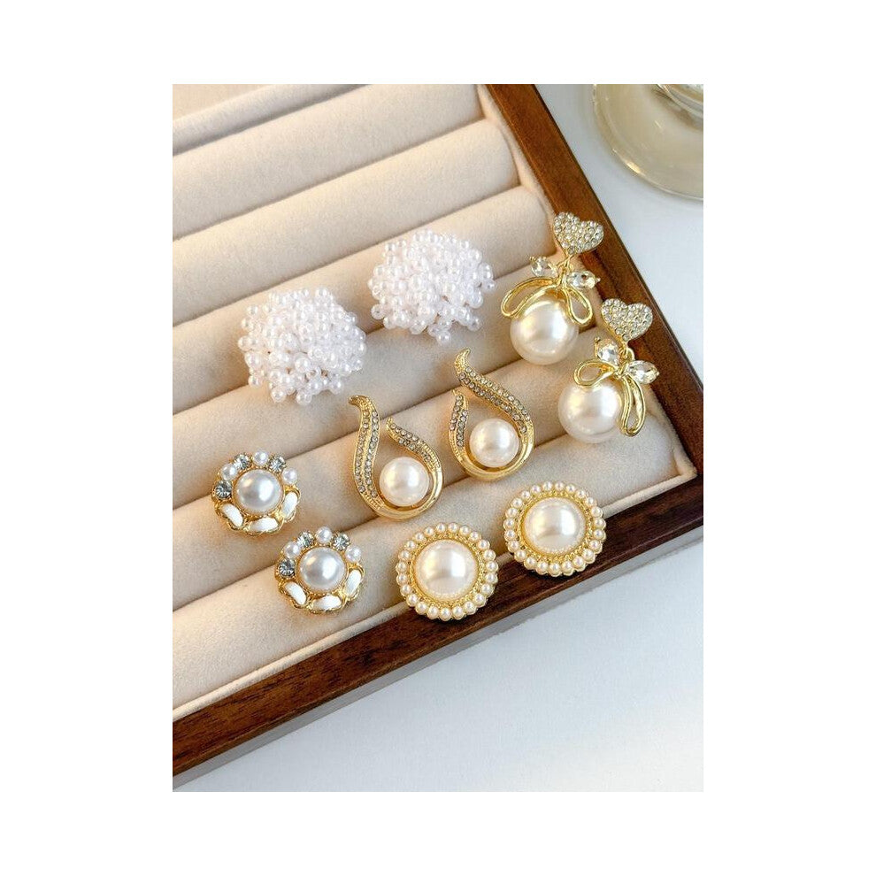 (White, one size fits all) Elegant Faux Pearl & Rhinestone Decorated Earrings Set, Fashion Jewelry for Party, Daily Clothing Decor, Trendy All-match &