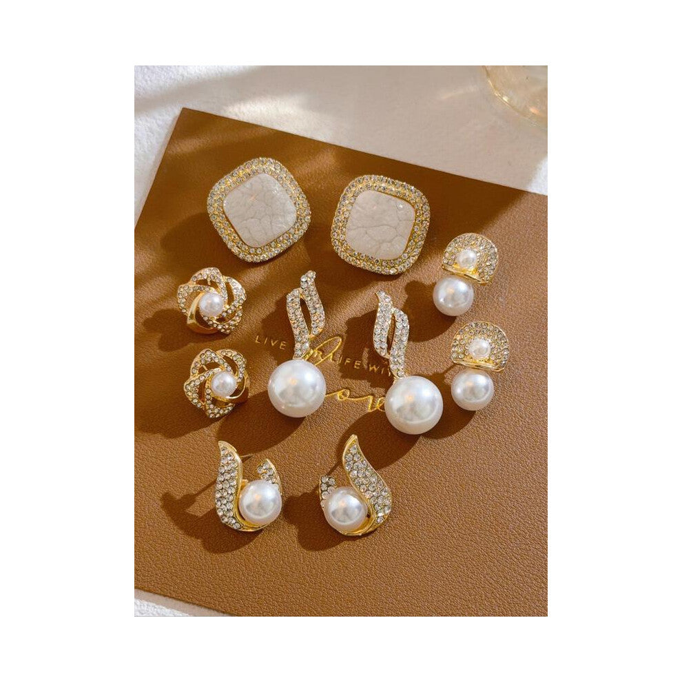 (Golden, one size fits all) Elegant Faux Pearl & Rhinestone Decorated Earrings Set, Fashion Jewelry for Party, Daily Clothing Decor, Trendy All-match