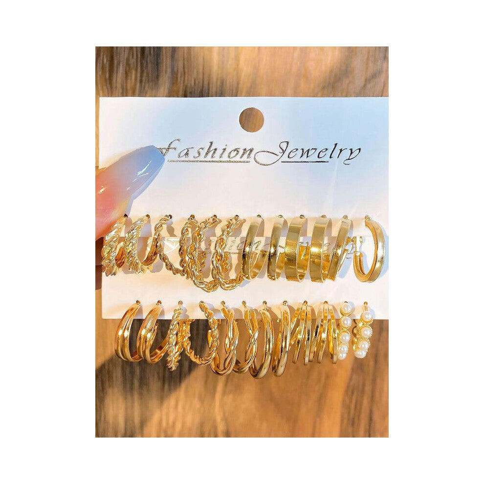 (Golden, one-size) 12 Pairs Mixed Shape Elegant Faux Pearls Decorated Hoop Earrings Set, Alloy Twist Decor Hoop Earrings, Fashion Accessories for Wome