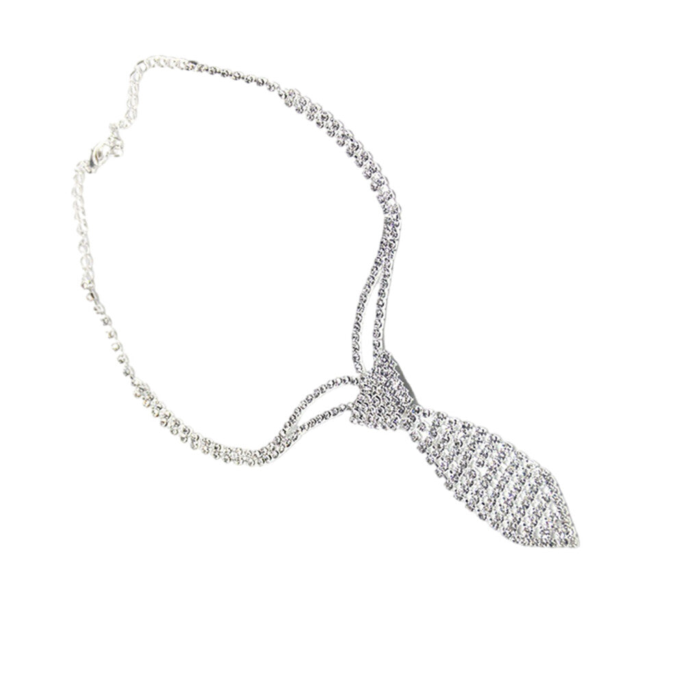 Fashionable Crystal Tie Necklace Rhinestones Choker-Silver